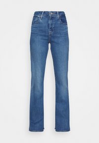 Jean droit taille haute bleu avec poches avant et arrière, fermeture par bouton et décoloration subtile sur les cuisses et les genoux.