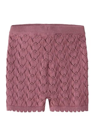 Mauve strikkede shorts med diamantblondemønster, ribbet midjebånd og bølget kant.