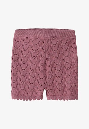 Shorts tricotés mauve avec motif en dentelle diamantée, taille côtelée et ourlet festonné.