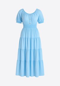 Jasnoniebieska sukienka do kolan z krótkimi bufkami, okrągłym dekoltem, guzikami z przodu i warstwowaniem na spódnicy z marszczonym stanem.