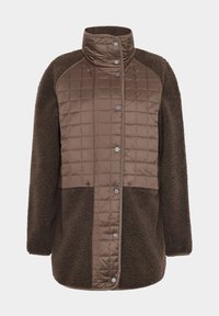 Braune Jacke mit gesteppter Vorderseite, Druckknöpfen, strukturierten Fleece-Ärmeln und einem hohen Kragen für zusätzliche Wärme.