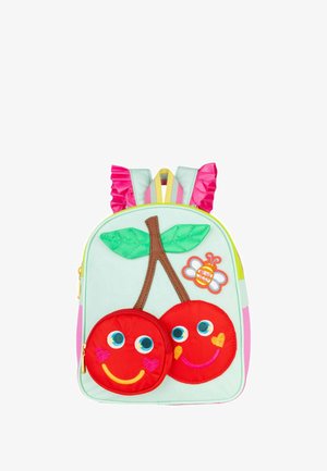 Mintgroene rugzak met rode kersenapplicaties, glimlachende gezichten, bruine stelen en groene bladeren. Voorzien van gerimpelde roze riemen en een bijenontwerp.