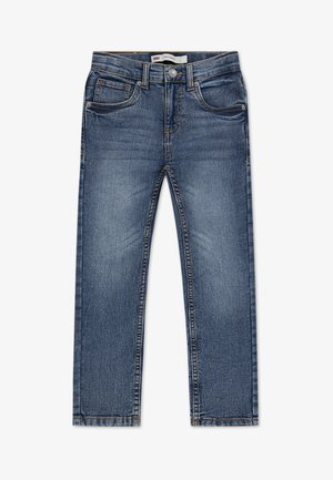 Blue denim jeans featuring a classic five-pocket design, subtle whiskering, contrasting stitching, and a metal button closure.