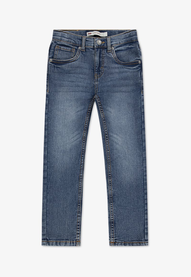 Modré riflové nohavice s klasickým dizajnom s piatimi vreckami, jemným ošúchaním, kontrastným prešívaním a kovovým zapínaním na gombík.