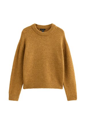 Mustard-colored knitted sweater with a round neckline, ribbed cuffs, and hem. Soft texture and relaxed fit provide comfort.