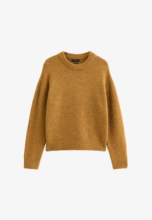 Maglione a collo rotondo di colore senape, realizzato a maglia, con polsini e bordo a costine. La sua texture morbida e la vestibilità rilassata offrono comfort.