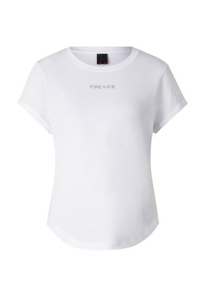 Witte T-shirt met korte mouwen en ronde hals, bedrukt met "FIRE + ICE" in lichtgrijs over de borst.