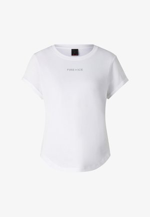 T-shirt blanc à manches courtes avec encolure ronde et l'inscription "FIRE + ICE" imprimée en gris clair sur la poitrine.