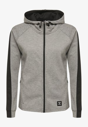Gray athletic hoodie with black side panels, full front zipper, drawstring hood, and logo patch on the lower hem. Soft fabric texture.