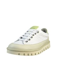 White sneaker with a lightweight fabric upper, green accents, round toe, and thick beige rubber sole with deep treads. Laced design.