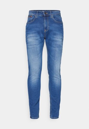 Blauwe denim jeans met een slim-fit ontwerp, voorzien van een vervaagde afwerking, vijf zakken en een knoopsluiting bij de taille.