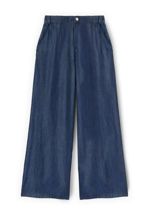 Vaqueros de denim azul oscuro de pierna ancha con bolsillos delanteros, cierre de botones y un corte holgado.