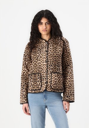 Leopard print jacket with a round neckline, snap buttons, two front pockets, and black trim; made from a soft, textured fabric.