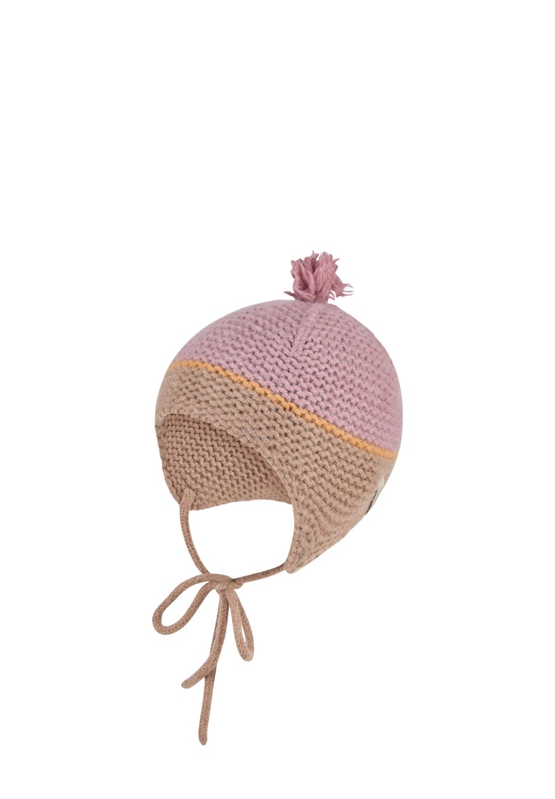 Knitted hat with pink and beige color blocks, featuring a pom-pom on top, ear flaps, and tie strings for secure fastening.