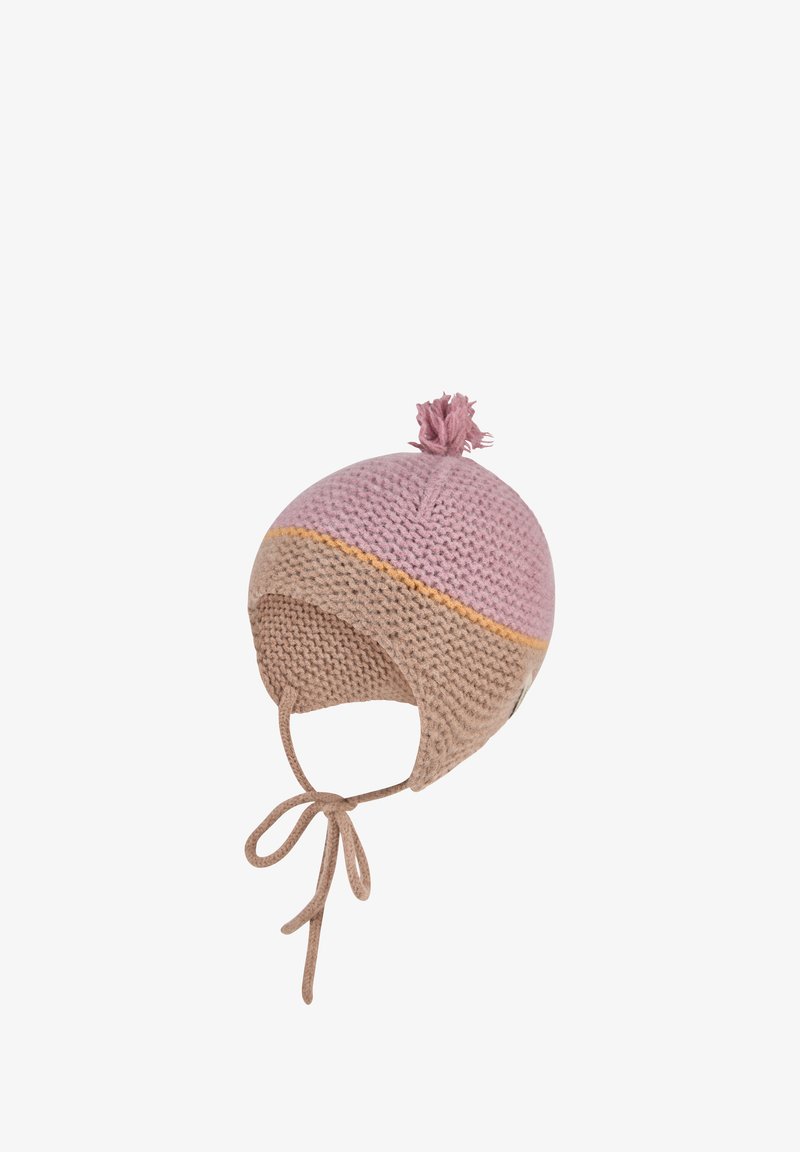 Strickmütze mit pink- und beige-farbenen Blockstreifen, ausgestattet mit einem Pompon oben, Ohrenschützern und Bindebändern für sicheren Halt.