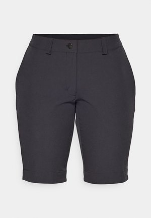 Mørkegrå shorts med flad frontdesign, der har en enkelt knaplukning, optrukne manchetter og blødt, strækbart stof.