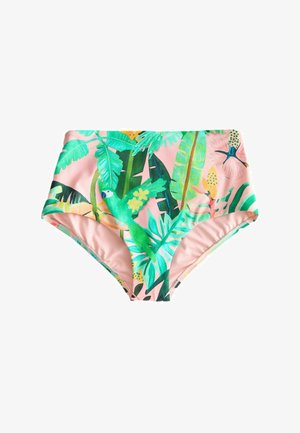 Slip de costum de baie cu talie înaltă, cu bază roz și imprimeu tropical cu frunze verzi, o papagal verde și flori colorate.
