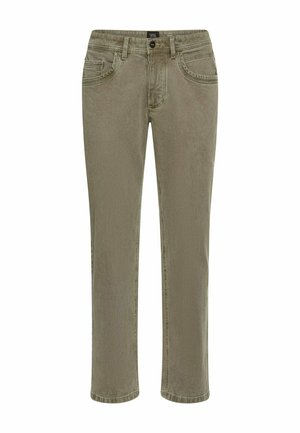 Olivgrüne Jeans aus einem Baumwollmischgewebe, mit geradem Bein-Design, fünf Taschen und dezenten Nähten.