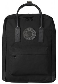 Black Fjällräven Kånken backpack made of durable fabric, featuring a top handle, front zip pocket, and prominent round logo patch.