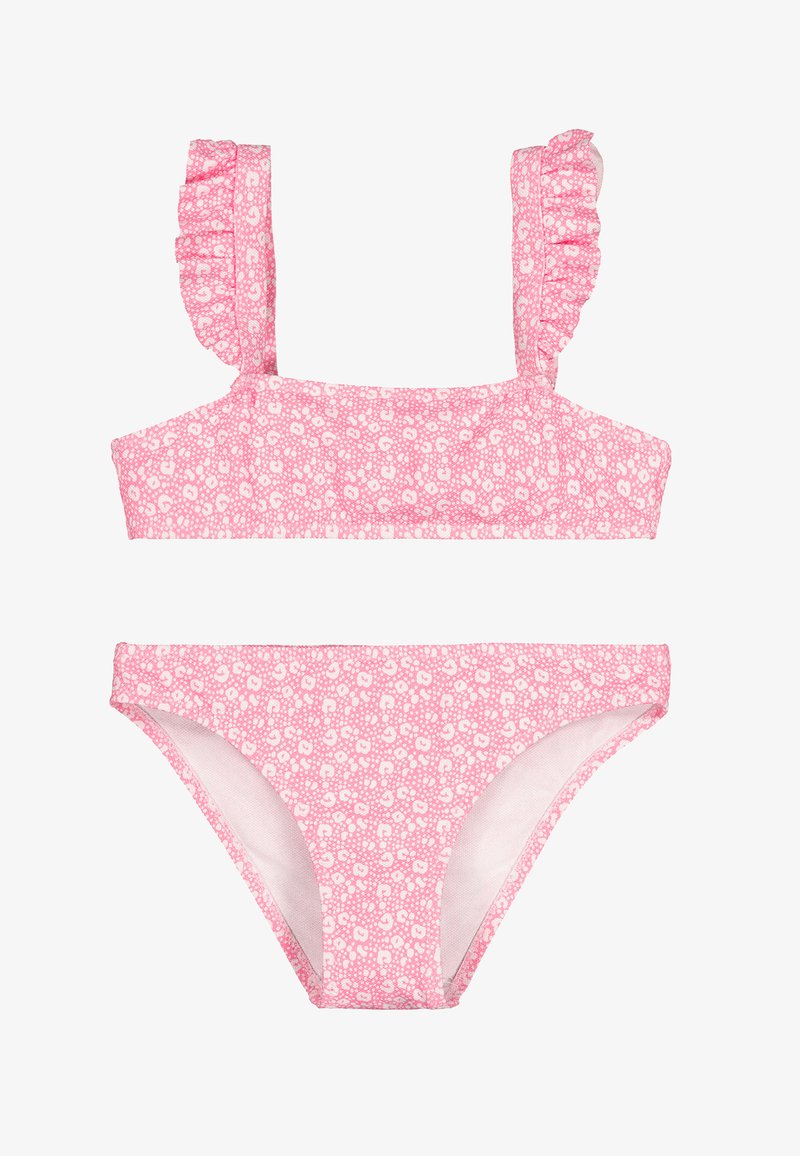 Bikini de dos piezas rosa con patrón de corazones blancos y puntos, con tirantes con volantes en la parte superior y parte inferior de corte estándar.