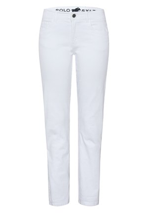 Weiße Baumwollhosen mit geradem Schnitt, Fünf-Taschen-Design und Knopfschluss. Mit einem gebrandeten Taillenbund mit schwarzem Druck.