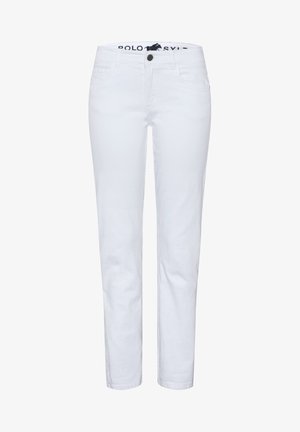 Weiße Baumwollhosen mit geradem Schnitt, Fünf-Taschen-Design und Knopfschluss. Mit einem gebrandeten Taillenbund mit schwarzem Druck.