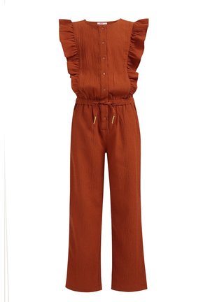 Ryslet kortærmet jernrød jumpsuit med knapper foran, snøre i taljen, vide ben og tekstureret stof. Har gulddetaljer.