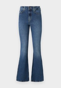 Τζιν καμπάνα από μπλε τζιν ύφασμα με ψηλή μέση, διαθέτοντας το κλασικό σχέδιο με πέντε τσέπες και κλείσιμο με κουμπί. Μαλακή υφή με ελαφριές αποχρωματισμένες λεπτομέρειες.