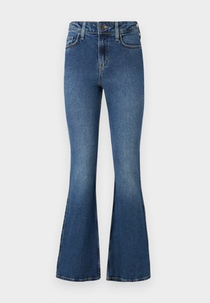 Jeans in denim blu a zampa con vita alta, modello a cinque tasche standard e chiusura con bottoni. Tessuto morbido con leggere sfumature di scoloritura.