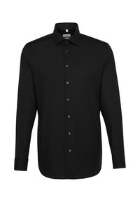 Camicia nera a maniche lunghe con colletto a punta e polsini bottone, esposta su uno sfondo bianco semplice.
