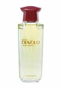 Klar glasflaska med ett rött lock, som innehåller ljusgul parfym. Har guldtexten "FÖR MÄN DIAVOLO ANTONIO BANDERAS" och "EAU DE TOILETTE."
