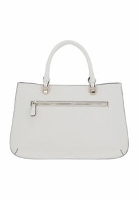 Borsa a mano in pelle bianca con manici doppi, texture liscia, forma rettangolare, bordi cuciti e tasca con zip sul retro.