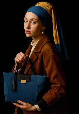 Jeune femme avec un foulard bleu et jaune et une boucle d'oreille en perle tient un sac à main bleu et noir, portant un manteau marron devant un fond noir.