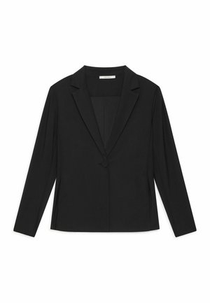 Schwarzer Damenblazer mit langen Ärmeln, Ein-Knopf-Verschluss und Reverskragen auf weißem Hintergrund.