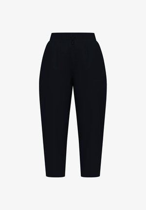 Schwarze Hose mit elastischem Bund, schmal zulaufendem Schnitt, zwei vorderen Taschen und dezentem Branding am linken Oberschenkel. Aus glattem, leichtem Stoff.