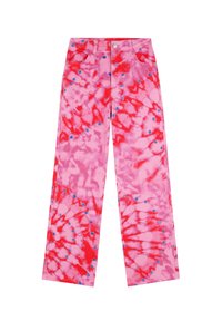 Roze tie-dye jeans met een mix van rode en blauwe accenten, met een recht gesneden ontwerp en vijf zakken. Het materiaal lijkt zacht en textuur te hebben.
