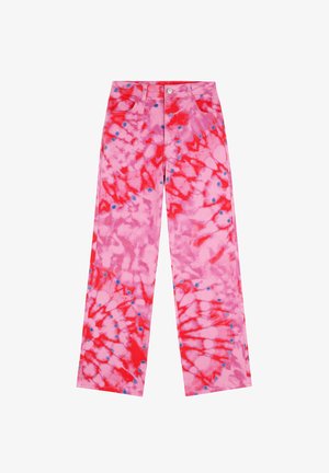 Pink tie-dye jeans with a mix of red and blue accents, featuring a straight-leg design and five-pocket styling. Material appears soft and textured.