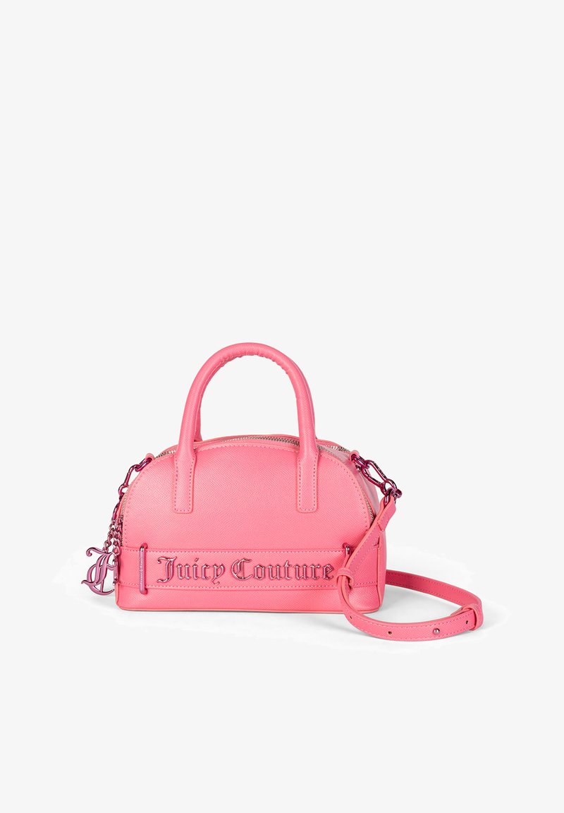 Borsa sintetica rosa con forma arrotondata, doppi manici corti, tracolla regolabile, finitura testurizzata e dettaglio del logo "Juicy Couture".