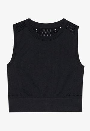 Top curto atlético preto com decote redondo, textura canelada, detalhes em malha nos ombros e um design ajustado. Apresenta sutis acentos pontilhados na bainha.