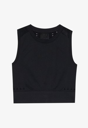 Musta urheilullinen crop-top, jossa on pyöreä pääntie, ribbitekstuuri, verkkokankaiset olkain yksityiskohdat ja kapeasti istuva malli. Helma on koristeltu hienoilla pistekuvioilla.