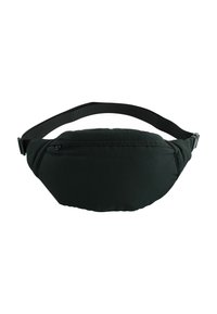 Sac banane noir en nylon de forme arrondie, avec une sangle réglable et une poche zippée sur le côté pour un accès facile. Texture lisse.