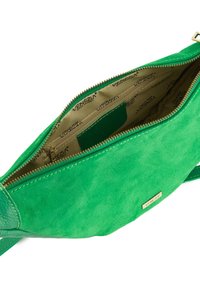 Grüne Wildleder- und Leder-Umhängetasche mit einem Reißverschluss. Das Innenfutter ist in Beige gehalten und weist wiederholt das Branding auf sowie eine zusätzliche Tasche.