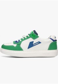 Witte sneakers met groene en blauwe accenten, van textuurleer, rubberen zool, geperforeerde neus en logo aan de zijkant en op de hak.