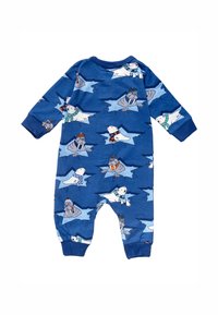 Romper de algodón azul con un patrón divertido de osos polares y morsas sobre hielo. Las mangas largas y los puños en los tobillos ofrecen un ajuste ceñido.