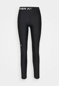 Mustat legginsit joustavasta materiaalista, joissa on leveä vyötärönauha ja "UNDER ARMOUR" -logo. Tiukka malli, sileä pinta, ei kuvioita.
