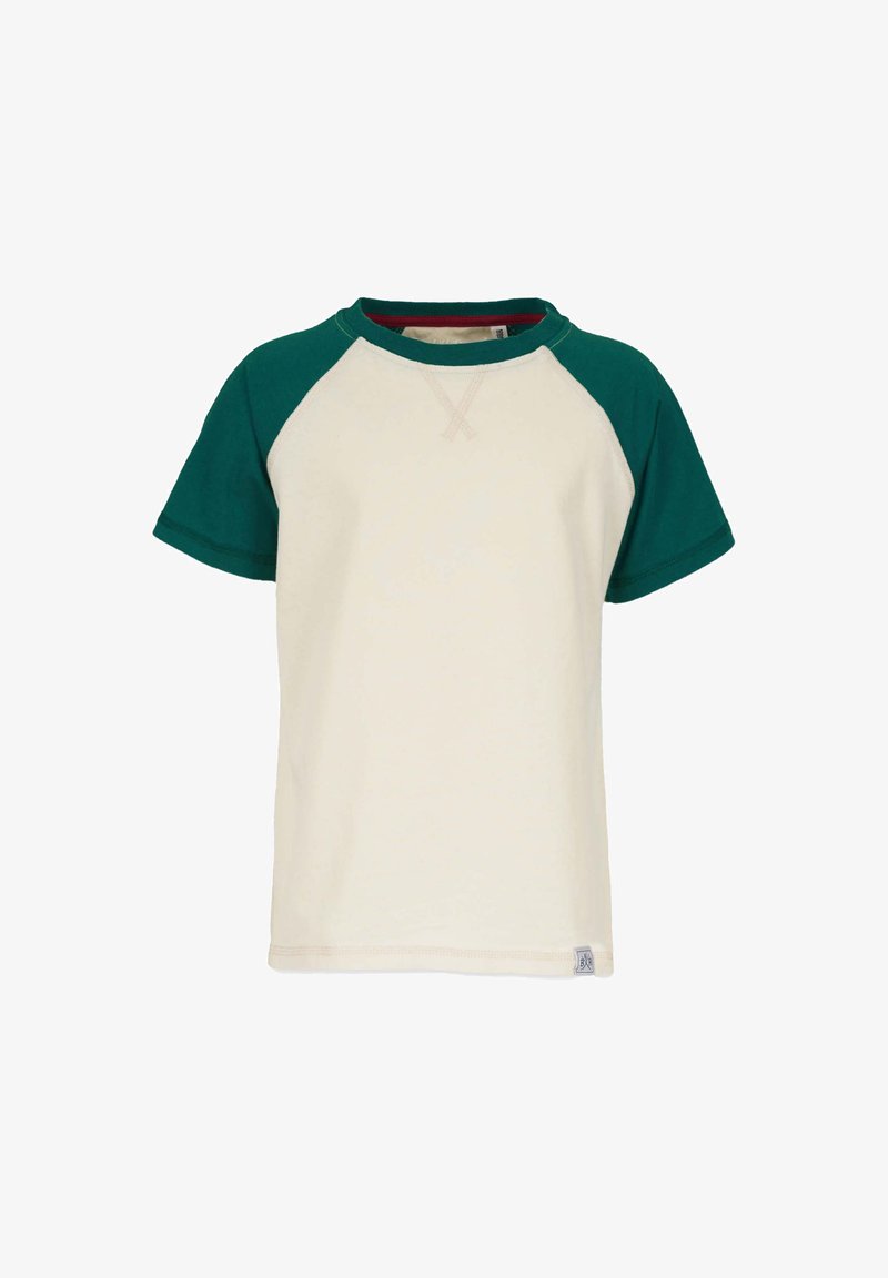 T-paita lyhyillä hihoilla, valmistettu puuvillasta, jossa on kerma beige runko ja vihreät raglan-hihat. Sisältää pienen bränditaggin helmassa.