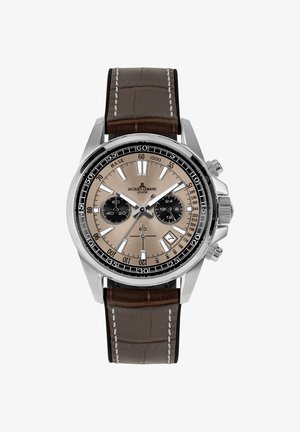 Orologio cronografo con cassa in acciaio inox argentato, quadrante marrone chiaro, sottodial neri, cinturino in pelle marrone e cuciture bianche.
