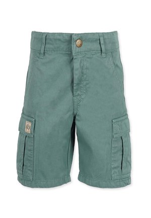 Grønne cargoshorts med lommer på begge sider, bæltestropper og knaplukning foran i taljen.