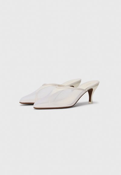 Pair of white mesh pointed-toe mules with low stiletto heels, slip-on style, and thin trim around the opening.