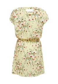 Robe fleurie en tissu jaune clair, avec des manches courtes, un col en V et une taille élastique, ornée de motifs floraux verts et roses.